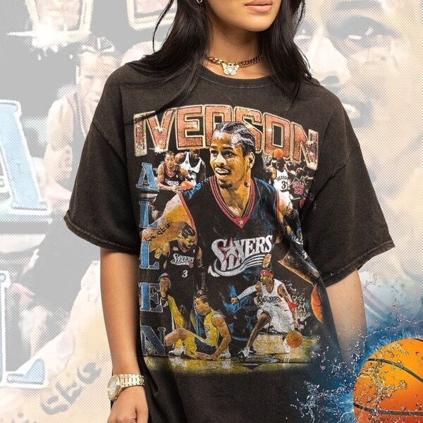 T-shirt Iverson délavé vintage, chemise en coton épais de joueur de basket-ball, t-shirt graphique vintage The Answer, t-shirt amateur de sport