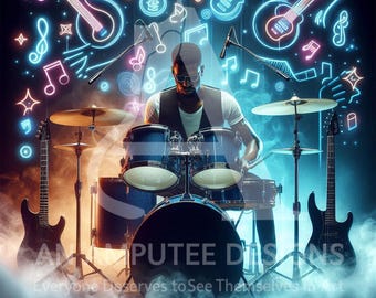 Neon Drum Player Wandkunst | Digital Download Konzert Poster | Musik Studio Dekor | Jazz Rock Schlagzeuger mit Gitarren | Sofortiger Download-Druck