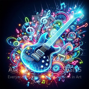 Neon poster elektrische gitaar | Psychedelische muziek muurkunst JPG | Kleurrijke rotsdecoratieprint | Digitale downloadillustraties | Gitarist cadeau