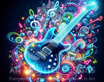 Neon Electric Guitar Poster | Psychedelic Music Wall Art JPG | Colorful Rock Decor Print | Digital Download Artwork | Guitarist Gift