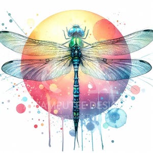 Puede incluir: Ilustración en acuarela de una libélula con detalles azules, verdes y negros. La libélula tiene alas transparentes y se encuentra sobre un fondo colorido de salpicaduras de acuarela naranja, rosa y azul. El texto de la imagen dice "AMPUTEE DESIGN".