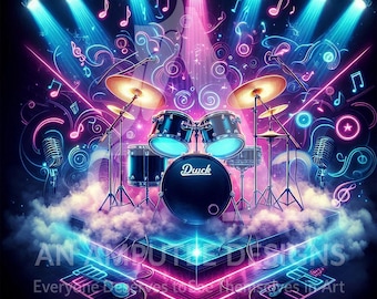 Arte mural de batería de neón / Póster de concierto de descarga digital / Decoración de estudio de música / Luces de escenario y micrófonos coloridos / Impresión de descarga instantánea