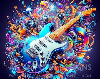 Neon Guitar Poster | Electric Guitar Digital Art JPG | Psychedelic Music Wall Print | Rock Band Home Decor | Musician Gift Download