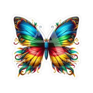 May include: A colorful butterfly sticker with intricate details. The wings are a gradient of blue, green, yellow, and red, with a black body and antennae.