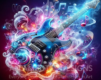 Neon Guitar Wall Art | Psychedelic Electric Guitar Digital Download | Colorful Music Room Decor JPG | Rock Band Poster | Music Gift