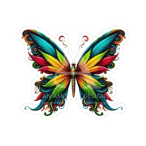 May include: A colorful butterfly with wings made of marijuana leaves. The butterfly is a vibrant mix of green, yellow, red, and blue.