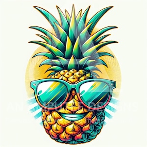 May include: A vibrant illustration of a smiling pineapple wearing teal sunglasses. The pineapple has a yellow and orange body with green and yellow leaves. A yellow sunburst design is behind the pineapple.
