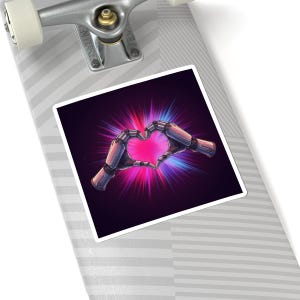 May include: Square sticker featuring a heart shape formed by two robotic hands against a dark purple background with pink and blue light bursts. The sticker is on a skateboard.