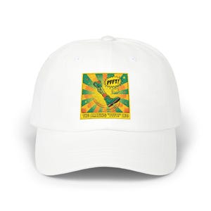 May include: White baseball cap featuring a colorful graphic of a cartoon leg kicking. The graphic includes the word "PFFT!" in a speech bubble and the text "THE AMAZING 'PFFT' LEG".