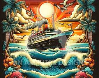 Retro Ozean-Kreuzfahrtschiff PNG | Vintage Sonnenuntergang Welle Kunst | Tropische Strand Kreuzfahrt Clipart | 300 DPI Sofortdownload