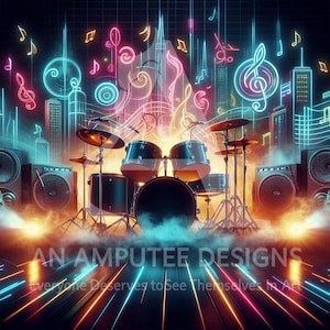 May include: A digital art piece featuring a drum set in a neon-lit cityscape. The artwork includes musical notes, speakers, and the text "AN AMPUTEE DESIGNS" and "Everyone Deserves to See Themselves in Art."