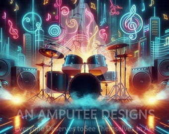 Arte digital de tambores de neón / Decoración de pared imprimible para escenario de concierto colorido / Póster de estudio de música / Luces de neón de banda de rock / Descarga instantánea