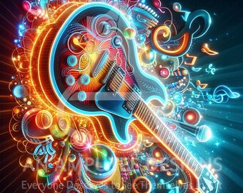 Neon Guitar Print: Psychedelic Rock Music Wall Art (Digital Download