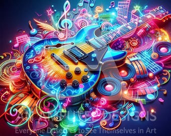 Neon Guitar Poster | Colorful Psychedelic Guitar Wall Art JPG | Rock Music Digital Print | Instant Download Decor | Musician Gift Idea