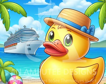 Pato de crucero PNG / Lindo patito de goma con sombrero para el sol / Imán para puerta de crucero PNG / Clipart de crucero en playa tropical / Descarga instantánea de 300 DPI