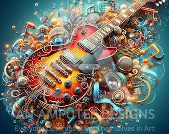 Neon Guitar Wall Art | Psychedelic Electric Guitar Poster JPG | Rock Music Digital Download | Colorful Music Decor Print | Musician Gift