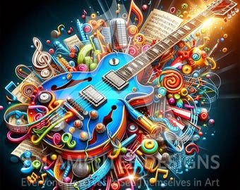 Neon Guitar Poster | Psychedelic Electric Guitar Digital Print | Colorful Music Wall Art JPG | Rock Band Decor | Music Lover Gift Download