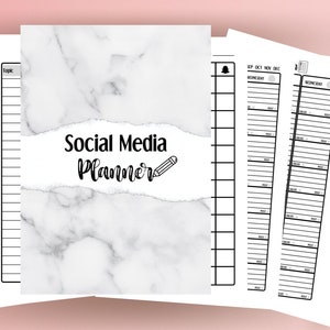 May include: A white and gray marble-patterned planner with the text "Social Media Planner" and a pencil icon. The planner has multiple pages with gridded sections for planning social media content.