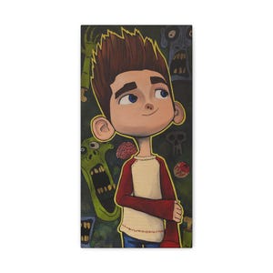 Puede incluir: Impresión en lienzo rectangular que representa a un niño de dibujos animados con cabello castaño, vistiendo una camisa roja y blanca, sobre un fondo oscuro con ilustraciones de zombis verdes y otros elementos espeluznantes. El niño mira hacia arriba con una leve sonrisa.