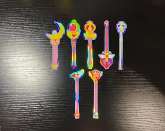 Pegatinas holográficas de vinilo de varita mágica clásica de chica