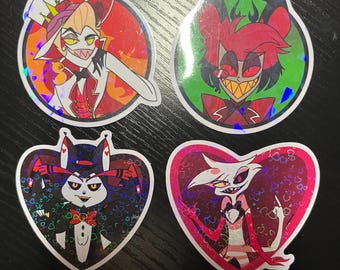 Pegatinas holográficas de vinilo con forma de corazón y vidrio roto para miembros del Hazbin Hotel