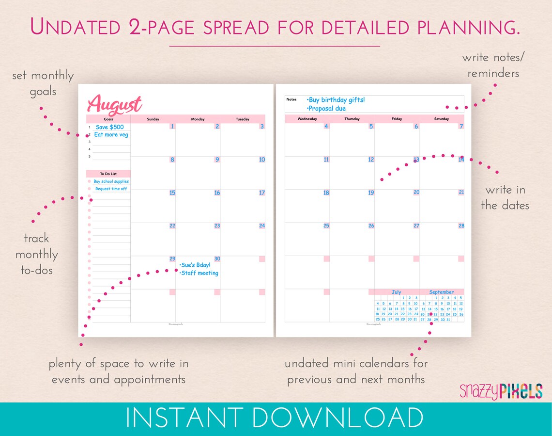 Monthly Calendar Planner Printable PDF color Undated - Etsy
