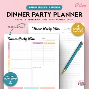 Modelo de planejador de jantar para impressão, plano de menu de jantar, planejador de alimentos, planejador de eventos, A4/A5/carta/tamanho médio/planejador feliz, PDF preenchível