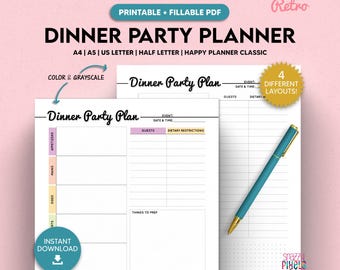 Dinner Party Planner Printable Template, Dinner Menu Plan, Food Planner, Event Planner,  A4/A5/Letter/Half Size/Happy Planner, Fillable PDF