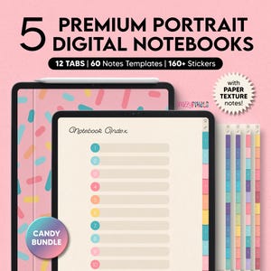 5 quaderni digitali (Candy), 12 schede per Goodnotes Notability, quaderno digitale per iPad, modelli di note digitali, quaderno per studenti