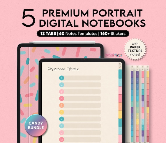 5 Digital Notebooks (Candy), 12 Tabs for Goodnotes Notability, Digital Notebook for iPad, Digital Notes Templates, Student Notebook