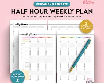 Half Hourly Weekly Schedule, Printable Fillable PDF Planner