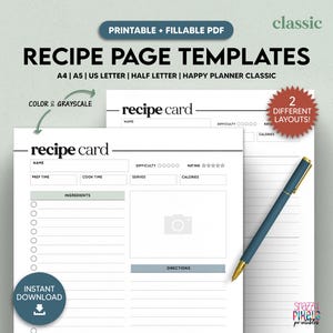 Modèle imprimable de page de recettes, livre de recettes, carte de recettes, carnet de cuisine maison, format A4/A5/US Letter/demi-lettre/Happy Planner, PDF à remplir