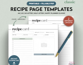 Recipe Page Printable Template, Recipe Book, Recipe Card, Home Cook Book Journal, A4/A5/US Letter/Half Letter/Happy Planner, Fillable PDF