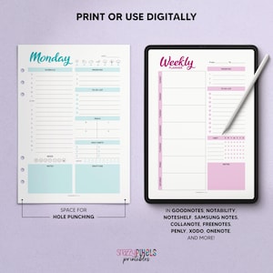 May include: Printable weekly planner with a pink and blue colour scheme. The planner includes sections for Monday, weekly schedule, to-do list, priorities, meals, daily habits, mood, notes, water, and gratitude. The planner is designed for use with digital note-taking apps like Goodnotes, Notability, Noteshelf, Samsung Notes, and more.