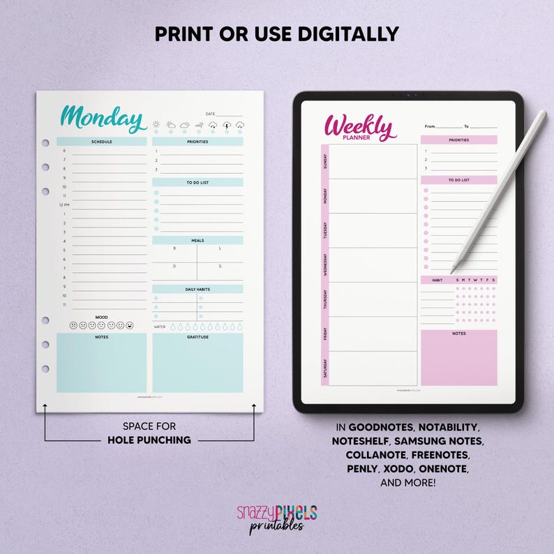 May include: Printable weekly planner with a pink and blue colour scheme. The planner includes sections for Monday, weekly schedule, to-do list, priorities, meals, daily habits, mood, notes, water, and gratitude. The planner is designed for use with digital note-taking apps like Goodnotes, Notability, Noteshelf, Samsung Notes, and more.