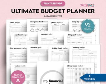 Budget Planner Printable (GBP Black White), Financial Planner, Budgeting Binder, Finance Tracker, Paycheck Budget Template UK | A4 A5 Letter