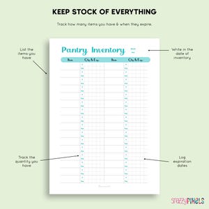 May include: A printable pantry inventory list with two columns for item name and quantity and expiration date. The title is "Pantry Inventory" and the text "Keep Stock of Everything" is at the top of the page.