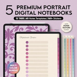 5 cyfrowych notatników (wielokolorowych), 12 zakładek do Goodnotes Notability, cyfrowy notatnik na iPada, szablony cyfrowych notatek, notatnik studencki