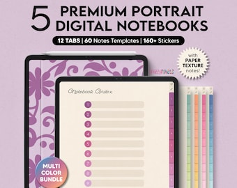 5 Digital Notebooks (Multicolor), 12 Tabs for Goodnotes Notability, Digital Notebook for iPad, Digital Notes Templates, Student Notebook