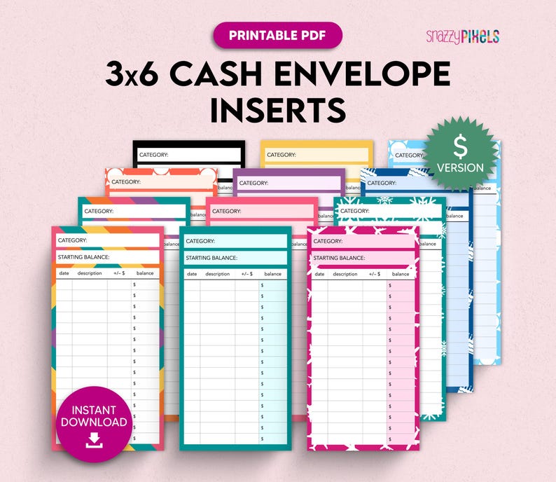 Op de afbeelding: Printbare 3x6 cash envelope inserts in verschillende kleuren en patronen. Elke insert heeft een sectie voor categorie, start saldo, datum, beschrijving, in/uit en saldo. De inserts zijn gelabeld met de tekst "$ Version".