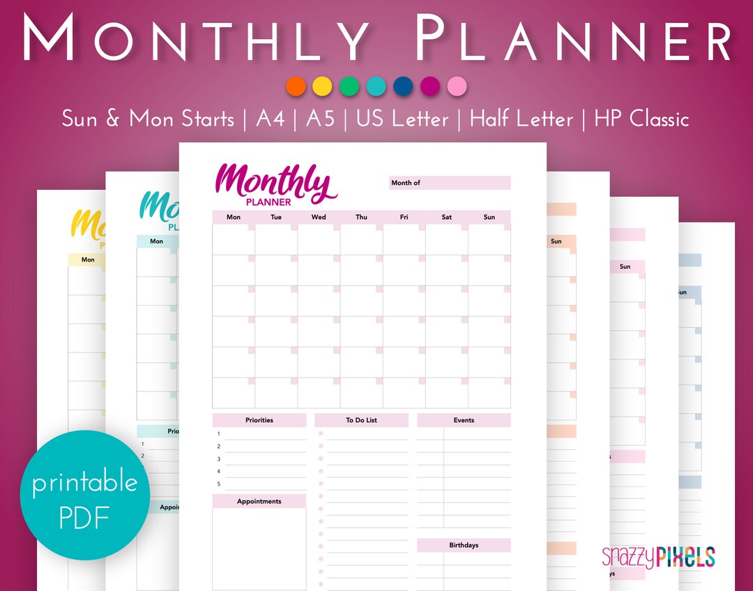 Month at a Glance Planner Printable PDF (color), Month Goals, to Do ...
