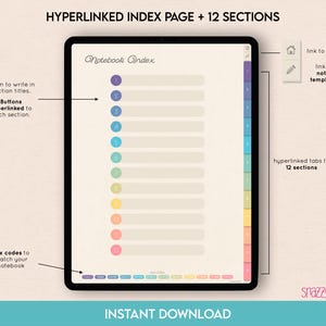 Puede incluir: Una p&aacute;gina de &iacute;ndice de cuaderno digital con 12 secciones. Cada secci&oacute;n tiene un bot&oacute;n de color y un espacio para escribir un t&iacute;tulo. La p&aacute;gina est&aacute; dise&ntilde;ada para usar con una aplicaci&oacute;n de cuaderno digital. El texto "Notebook Index" est&aacute; en la parte superior de la p&aacute;gina. El texto "hyperlinked tabs to 12 sections" est&aacute; en el lado derecho de la p&aacute;gina. El texto "link to index" y "link to notes templates" est&aacute; en la esquina superior derecha de la p&aacute;gina.