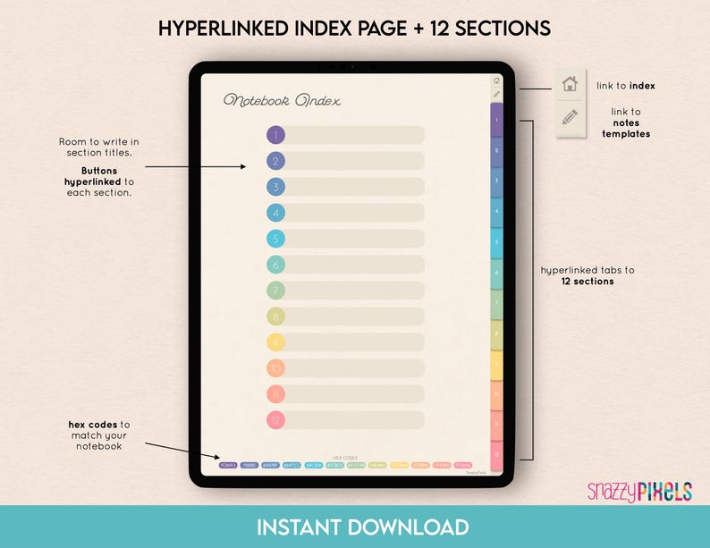 Puede incluir: Una p&aacute;gina de &iacute;ndice de cuaderno digital con 12 secciones. Cada secci&oacute;n tiene un bot&oacute;n de color y un espacio para escribir un t&iacute;tulo. La p&aacute;gina est&aacute; dise&ntilde;ada para usar con una aplicaci&oacute;n de cuaderno digital. El texto "Notebook Index" est&aacute; en la parte superior de la p&aacute;gina. El texto "hyperlinked tabs to 12 sections" est&aacute; en el lado derecho de la p&aacute;gina. El texto "link to index" y "link to notes templates" est&aacute; en la esquina superior derecha de la p&aacute;gina.