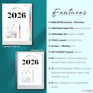 May include: Digital planner for 2026 displayed on two tablets. The planner features a clean, minimalist design with the text "MY DAILY PLANNER 2026". The image also highlights key features, including various layouts, templates, and versions for reMarkable tablets.