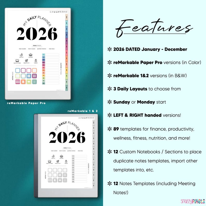 May include: Digital planner for 2026 displayed on two tablets. The planner features a clean, minimalist design with the text "MY DAILY PLANNER 2026". The image also highlights key features, including various layouts, templates, and versions for reMarkable tablets.