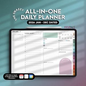 Peut inclure: Un agenda numérique quotidien pour 2026, affiché sur une tablette. L'écran présente une mise en page de calendrier avec des sections pour la concentration, les listes de tâches et la gratitude. Le texte "ALL-IN-ONE DAILY PLANNER" est visible.