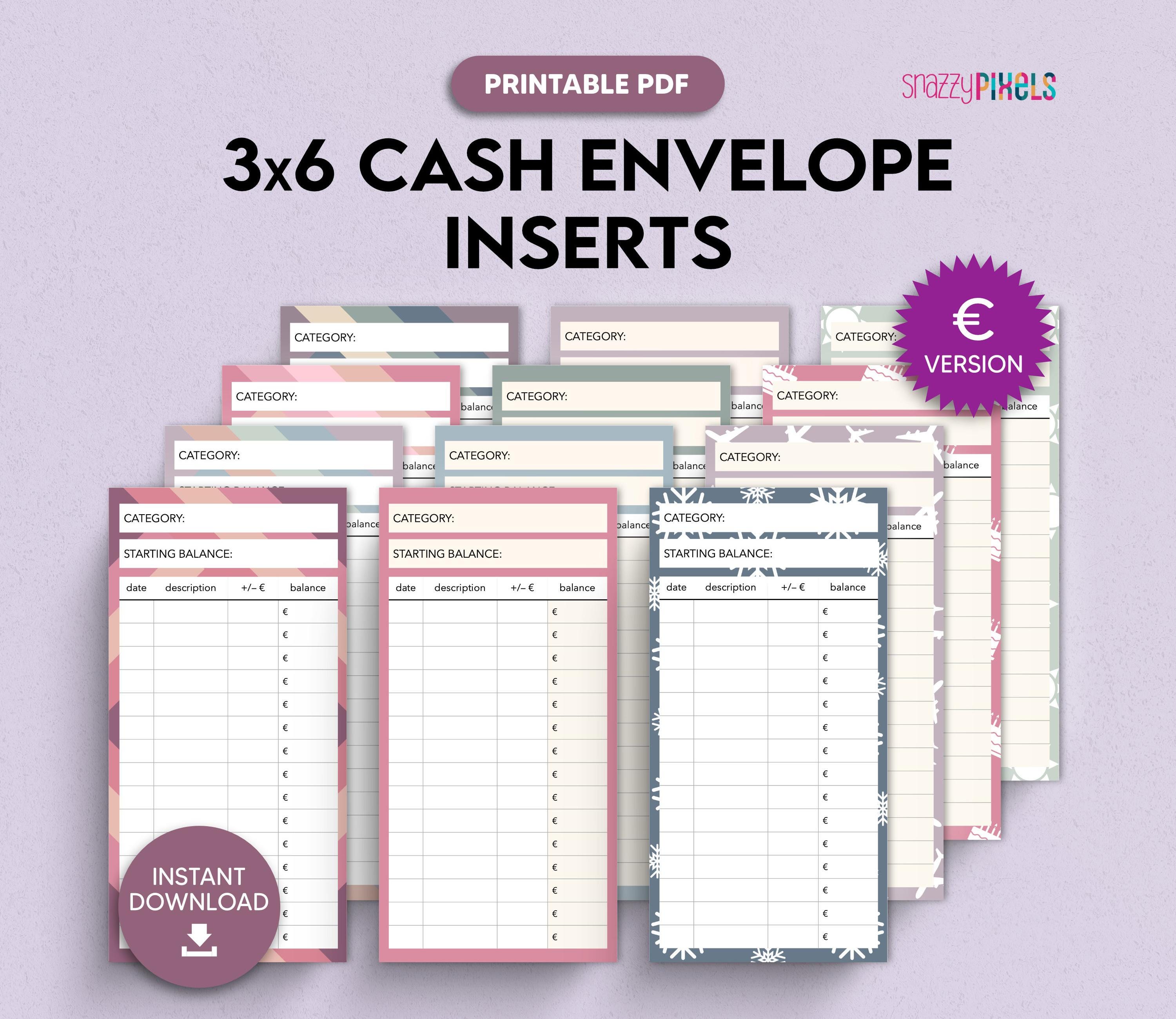 現金封筒インサート (ユーロ) 印刷可能な PDF、3 x 6 インチ、積立金 