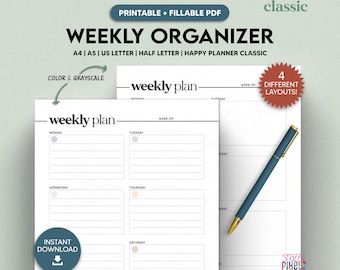 Weekly Organizer Printable Fillable PDF, Weekly Planner, To Do List Work From Home, Weekly Schedule at a Glance Agenda, Planner Inserts