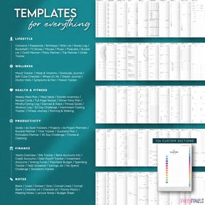 May include: A digital planner with various templates for lifestyle, wellness, health & fitness, productivity, finance, and notes. The planner includes sections for contacts, mood tracking, meal planning, goals, and more. The text "TEMPLATES for everything" is at the top.