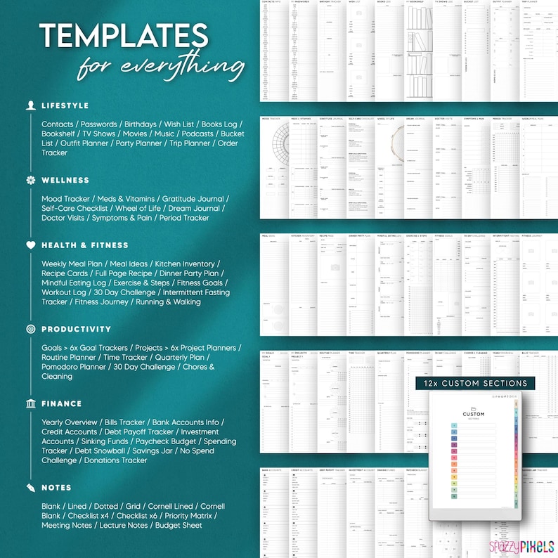 May include: A digital planner with various templates for lifestyle, wellness, health & fitness, productivity, finance, and notes. The planner includes sections for contacts, mood tracking, meal planning, goals, and more. The text "TEMPLATES for everything" is at the top.